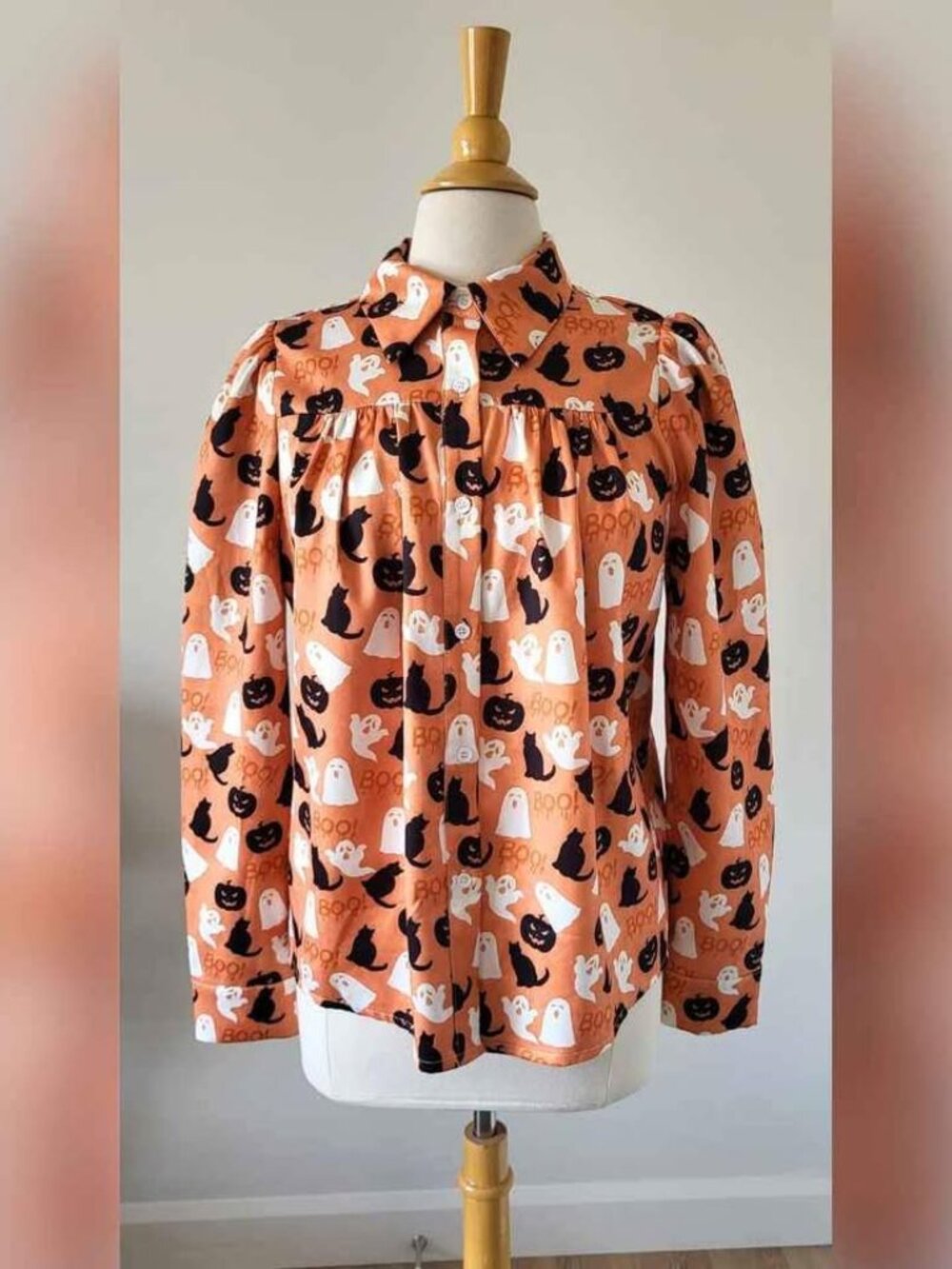 ROMWE Halloween blouse SMALL orange pumpkins ghosts black cats spooky
